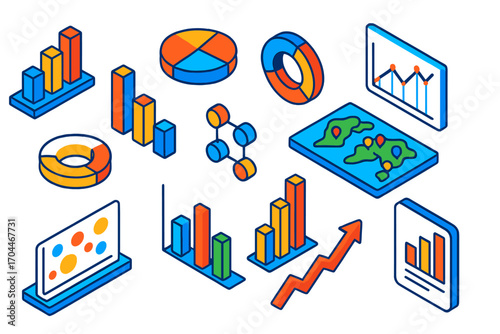 Vivid Data Visualization. Isometric vector illustration set Data visualization kit: 3D bar chart, pie chart, donut chart, line