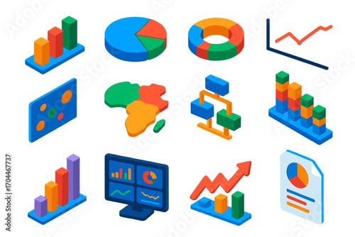 Vivid Data Visualization. Isometric vector illustration set Data visualization kit: 3D bar chart, pie chart, donut chart, line