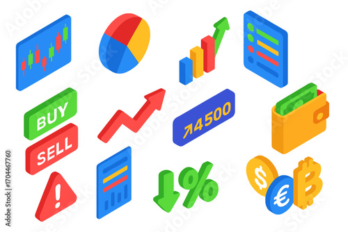 Isometric Stock Dashboard. Isometric vector illustration set Stock market dashboard: candlestick chart, pie chart, bar graph,
