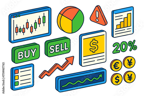 Isometric Stock Dashboard. Isometric vector illustration set Stock market dashboard: candlestick chart, pie chart, bar graph,