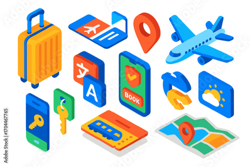 Smart Travel Essentials. Isometric vector illustration set Smart travel lifestyle: suitcase, boarding pass, travel insurance