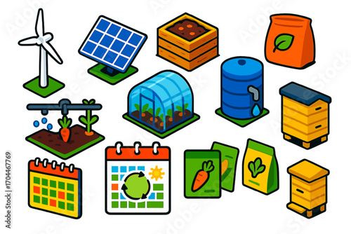 Eco Farming Icons. Isometric vector illustration set Eco-friendly farming: wind turbine, solar panel, compost bin, organic