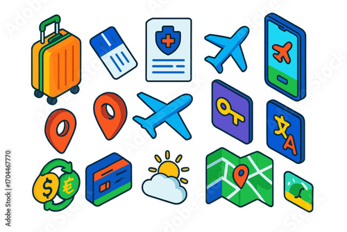 Smart Travel Essentials. Isometric vector illustration set Smart travel lifestyle: suitcase, boarding pass, travel insurance