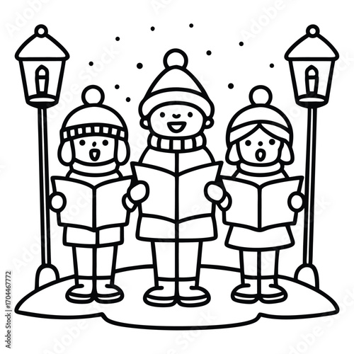 Children Caroling on Snowy Night with Street Lamps Line Art singing keywords