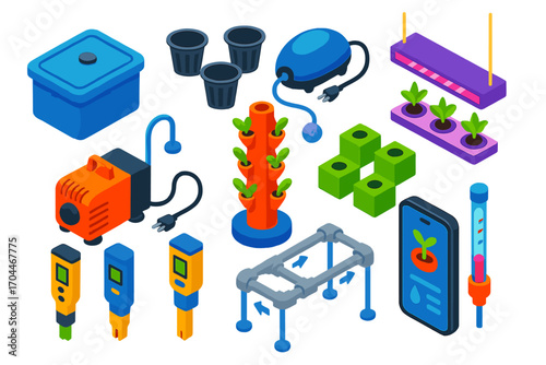 Hydroponic Gardening Essentials. Isometric vector illustration set Hydroponic gardening: nutrient reservoir, net pots, air pump,