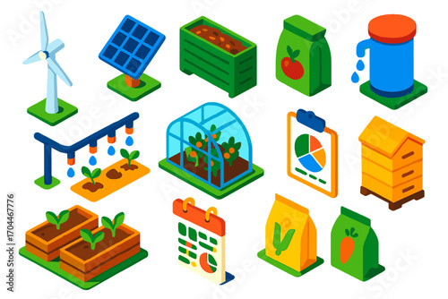 Eco Farming Icons. Isometric vector illustration set Eco-friendly farming: wind turbine, solar panel, compost bin, organic