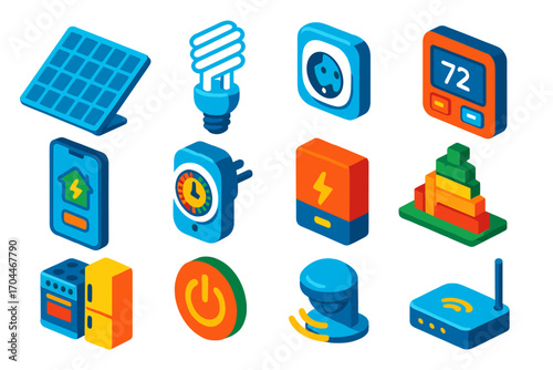 Smart Home Energy Icons. Isometric vector illustration set Smart home energy: solar panel, battery unit, energy-efficient light