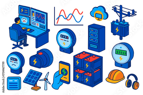 Smart Grid Technology. Isometric vector illustration set Smart grid technology: control room, load balancing chart, energy meters,