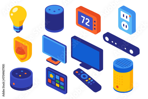 Smart Home Icons. Isometric vector illustration set Smart living room: LED bulb, voice control device, thermostat, outlet switch,