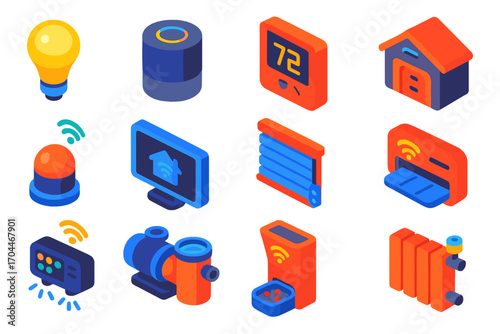 Smart Home Icons. Isometric vector illustration set Advanced home automation: bulb, speaker assistant, thermostat, outlet, sensor,