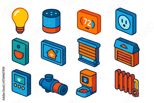 Smart Home Icons. Isometric vector illustration set Advanced home automation: bulb, speaker assistant, thermostat, outlet, sensor,