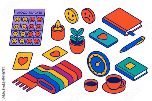 Emotional Wellness Icons. Isometric vector illustration set Emotional wellness: mood tracker chart, smiley faces, journal, pen,