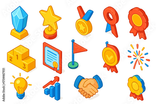 Rewards and Achievements Icons. Isometric vector illustration set Milestone rewards: crystal award, star-shaped trophy, gold medal