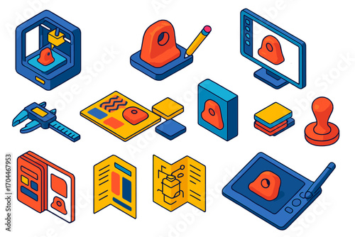 3D Design Essentials. Isometric vector illustration set Product design: 3D printer, prototype model, design sketch, CAD software