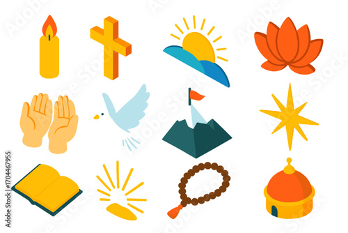 Faith Symbols Collection. Isometric vector illustration set Faith and light: candle, cross, sunrise, lotus flower, open hands,