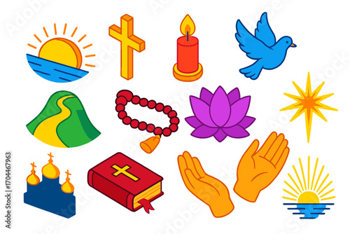 Eternal Light Symbols. Isometric vector illustration set Eternal light: rising sun, cross, candle, lotus, dove, mountain path,