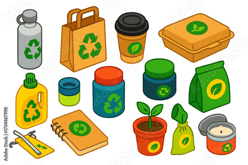 Eco-Friendly Products Icons. Isometric vector illustration set of eco-friendly recycling products: stainless steel flask with
