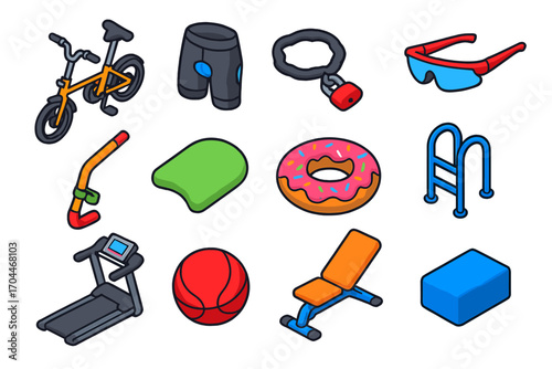 Fitness and Leisure Icons. Isometric vector illustration set of fitness and leisure activities: folding bicycle, padded bike