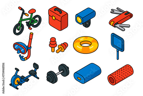 Fitness and Leisure Gear. Isometric vector illustration set of fitness and leisure activities: folding bike, pannier bag, front