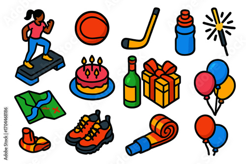 Active Celebrations Icons. Isometric vector illustration set of active living and celebration themes: exercise step, medicine ball