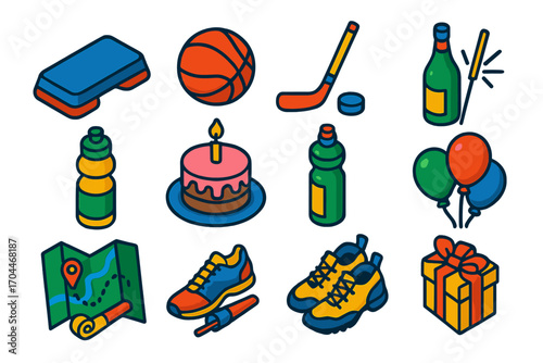 Active Celebrations Icons. Isometric vector illustration set of active living and celebration themes: exercise step, medicine ball