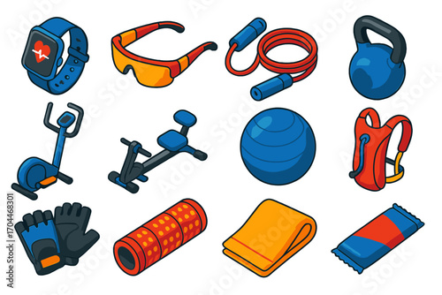 Colorful Fitness Gear Icons. Isometric vector illustration set of modern fitness and health: smartwatch, sports sunglasses,