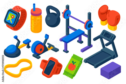 Modern Fitness Essentials. Isometric vector illustration set of modern fitness and health: GPS fitness watch, smoothie bottle,