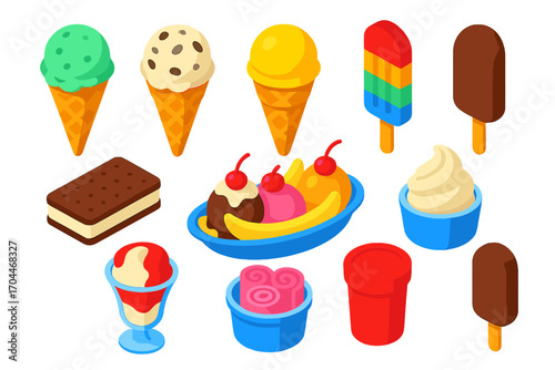 Colorful Ice Cream Icons. Isometric vector illustration set of ice cream: waffle cone with mint scoop, waffle cone with cookies