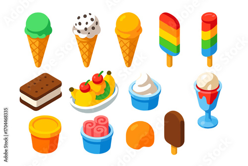 Colorful Ice Cream Icons. Isometric vector illustration set of ice cream: waffle cone with mint scoop, waffle cone with cookies