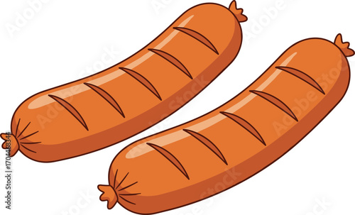 Two cartoon sausages with diagonal slits, brown meat vector, editable, isolated, grilled food, cad drawing flat vector illustration