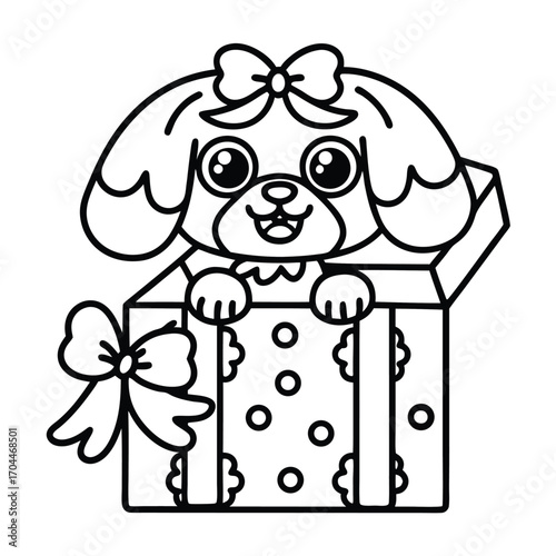 Puppy in Gift Box Line Art Illustration peeking present
