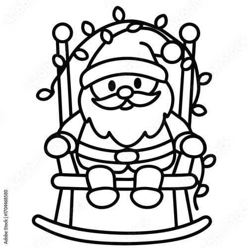 Santa Claus Sitting in a Rocking Chair Decorated with Christmas Lights Outline Illustration Father Christmas