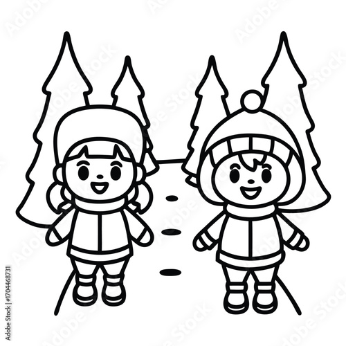 Two cartoon children in winter clothing standing in a snowy forest with pine trees kids