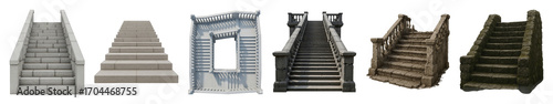 Stone staircase set including simple, block, ornate, weathered, and classic styles isolated. Architectural design and historical elements.