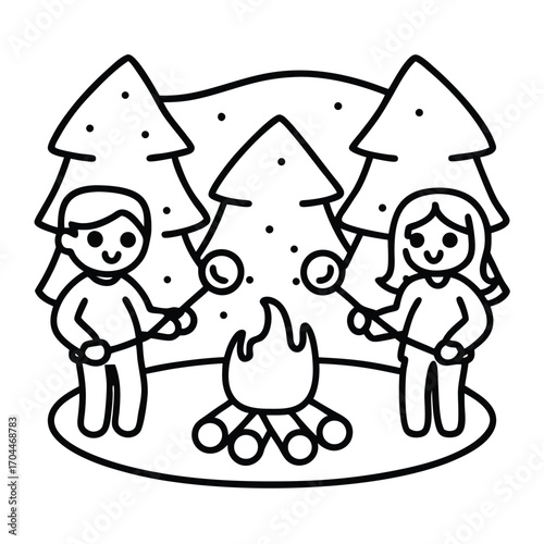 Two cartoon children roasting marshmallows over a campfire in a forest setting christmas kids