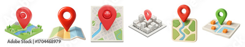 Location map markers set including diverse pin styles and map layouts isolated. Digital navigation and destination concepts.