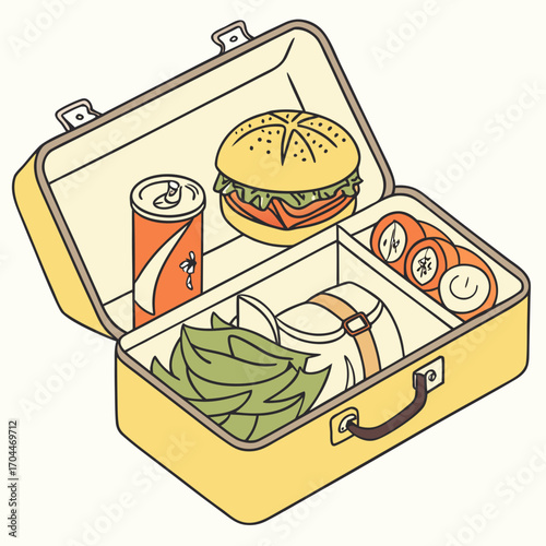 Isometric lunchbox illustration with sandwich, drink, vegetables, and fruit for healthy eating concept