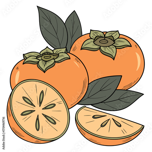 Explore fresh persimmon fruits with leaves vector illustration for healthy eating and cooking ideas