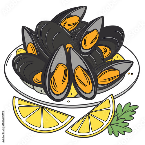 Delicious mussels seafood dish with lemon wedges and parsley garnish vector illustration design art