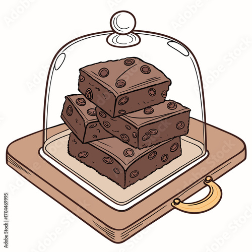 Stack of delicious chocolate brownies under a glass dome on a wooden serving board ready to be enjoyed by everyone
