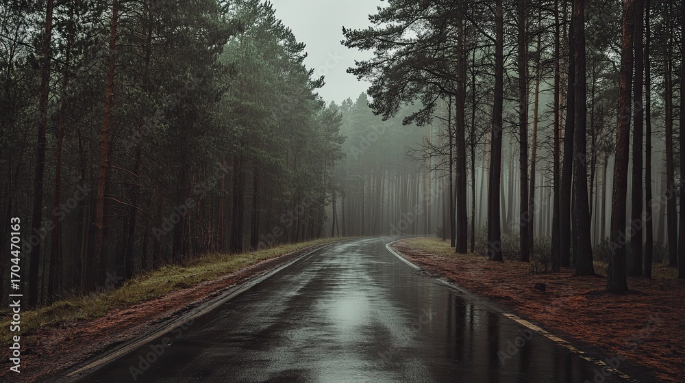 Fototapeta premium Misty forest road on a rainy day