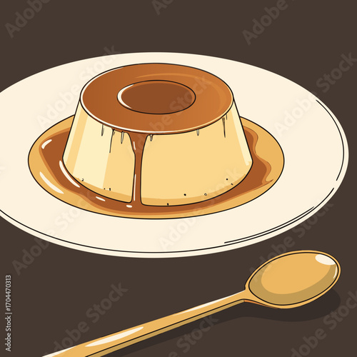Crème Caramel Dessert Illustration with Flan Pudding and Caramel Sauce on Plate – Sweet Cartoon Food Vector