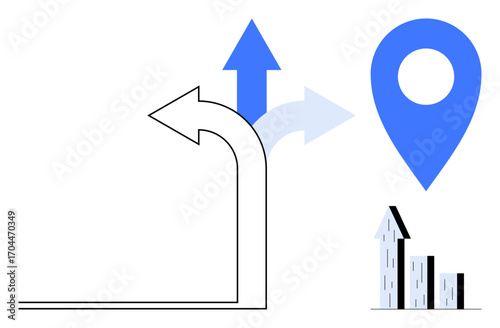 Curved arrow pointing in three directions, blue location pin, upward bar graph. Ideal for business planning, decision-making, strategy, growth, navigation, marketing simple landing page