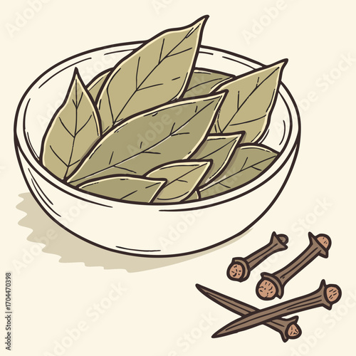 Bay leaves and cloves illustration for culinary herbs and spices used in cooking and flavoring recipes