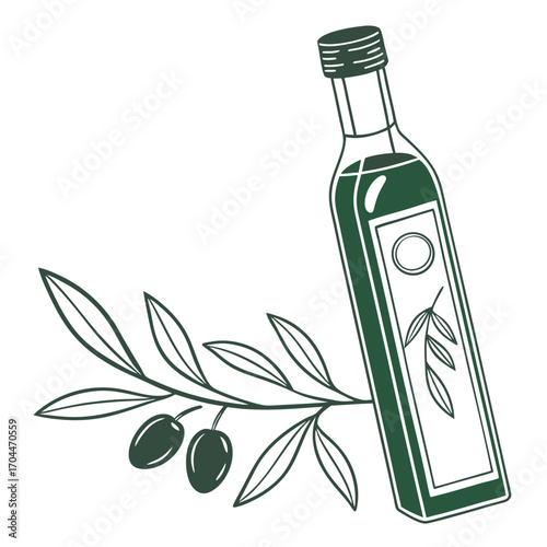 Olive oil bottle with olive branch vector illustration for organic product branding and packaging design use