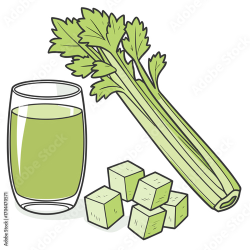 Fresh celery juice recipe for healthy living and detox with raw celery stalks and celery cubes diet plan