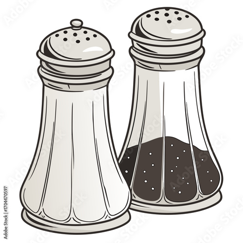 Salt and pepper shakers in a vintage style illustration for culinary or restaurant themed designs and creative projects
