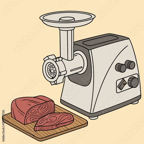 Electric meat grinder with raw meat on a wooden cutting board ready for grinding in a kitchen setting illustration