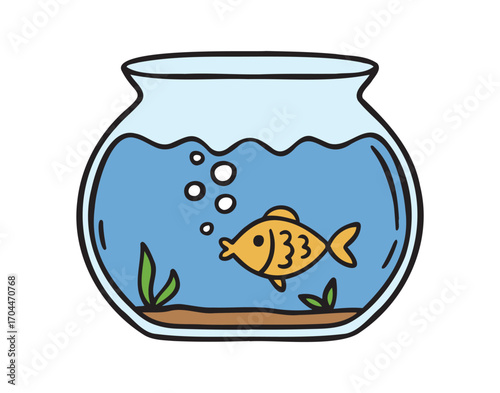 Goldfish or fish in round aquarium icon doodle hand drawn. colorful cartoon line drawing clipart symbol