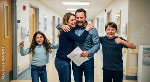 family shares emotional reunion in hospital hallway. parents are laughing with relief and tears of joy. scene captures moment of good news, recovery, overwhelming happiness after a medical ordeal